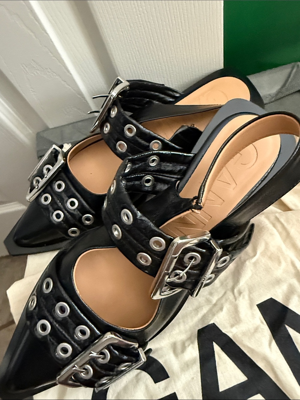 Ganni Black Leather Pointed Slingback Flats with Silver Eyelet Straps - Picture 2 of 7